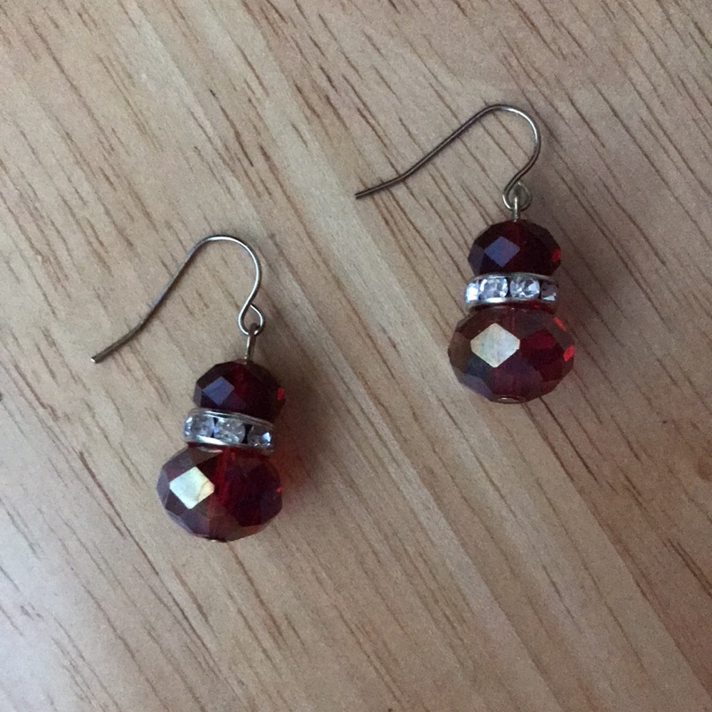 Dark Red & Rhinestone Dangle Earrings
